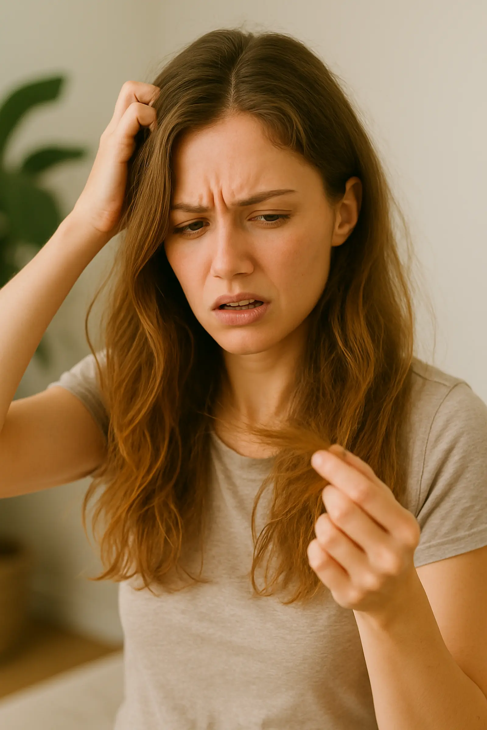 woman examining a strand of her hair with concern, illustrating hair loss and brittle nails associated with low iron levels