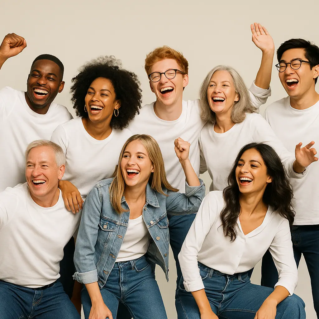 A diverse group of happy adults of different ages smiling together, symbolising restored energy after iron treatment.