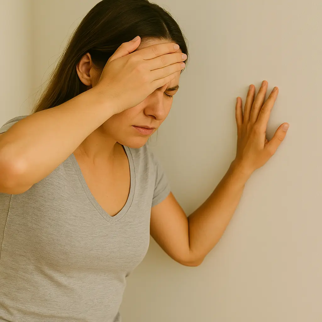 woman with hand on forehead looking dizzy and unwell, symbolising headaches, brain fog, and low mood linked to iron deficiency