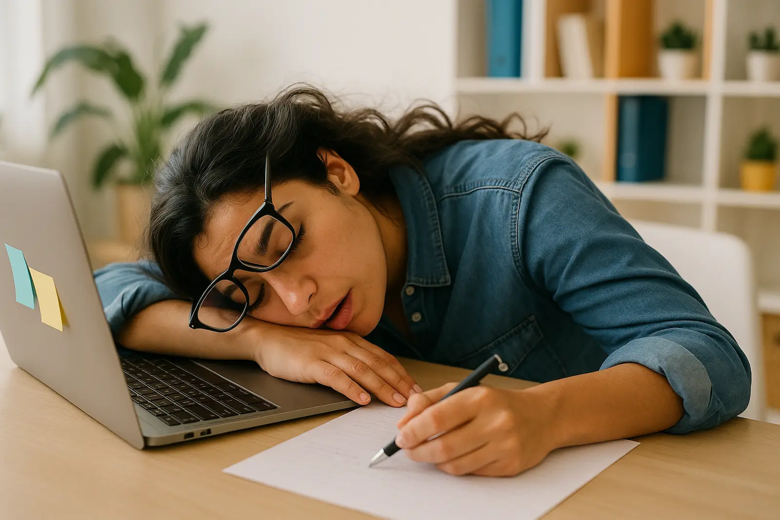 Exhausted woman resting her head on desk, illustrating fatigue and tiredness from iron deficiency