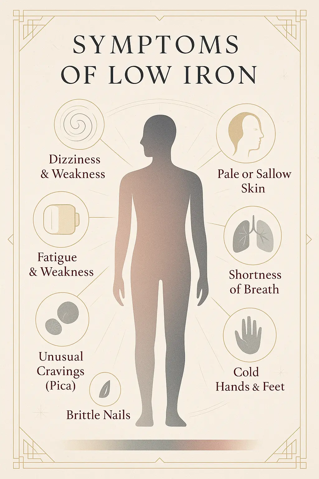 Infographic showing common symptoms of low iron, including fatigue, dizziness, shortness of breath, pale skin, brittle nails, and cold hands or feet.