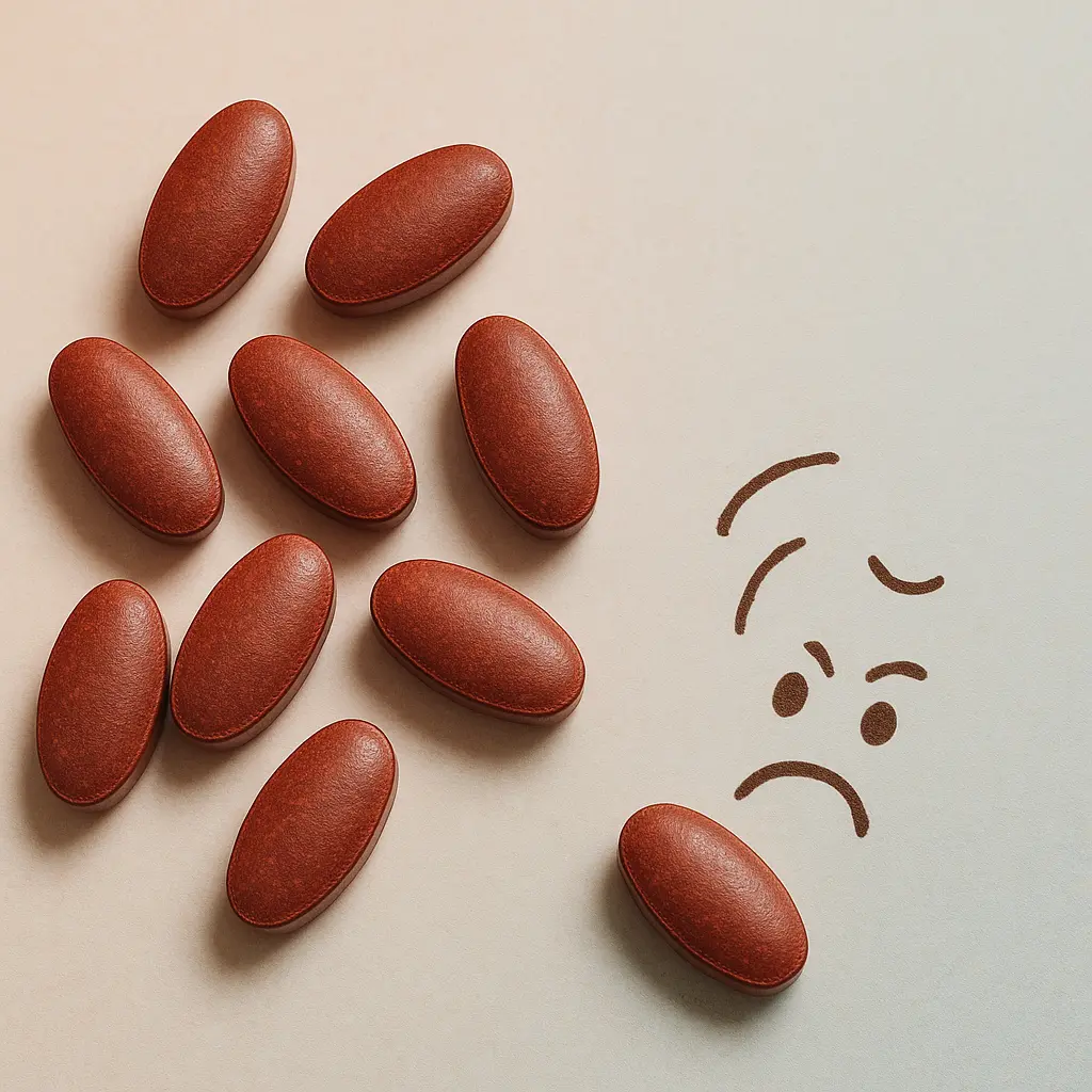 Iron tablets scattered beside a hand-drawn frowning face, symbolising frustration and side effects from oral iron supplements
