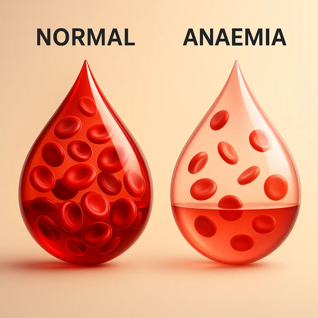 3D medical illustration showing two transparent blood droplets side by side — one representing normal blood with more red cells, and the other showing anaemic blood with fewer cells — visually comparing healthy and anaemic blood.
