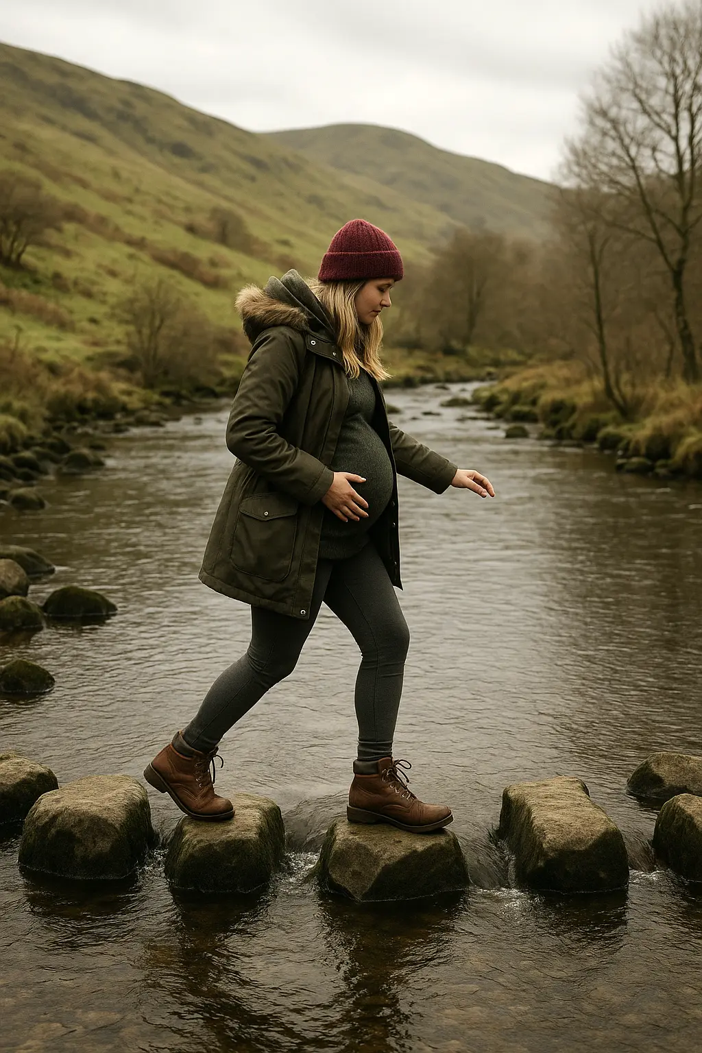 Pregnant woman carefully crossing a shallow river in the countryside, symbolising balance and protection during pregnancy.