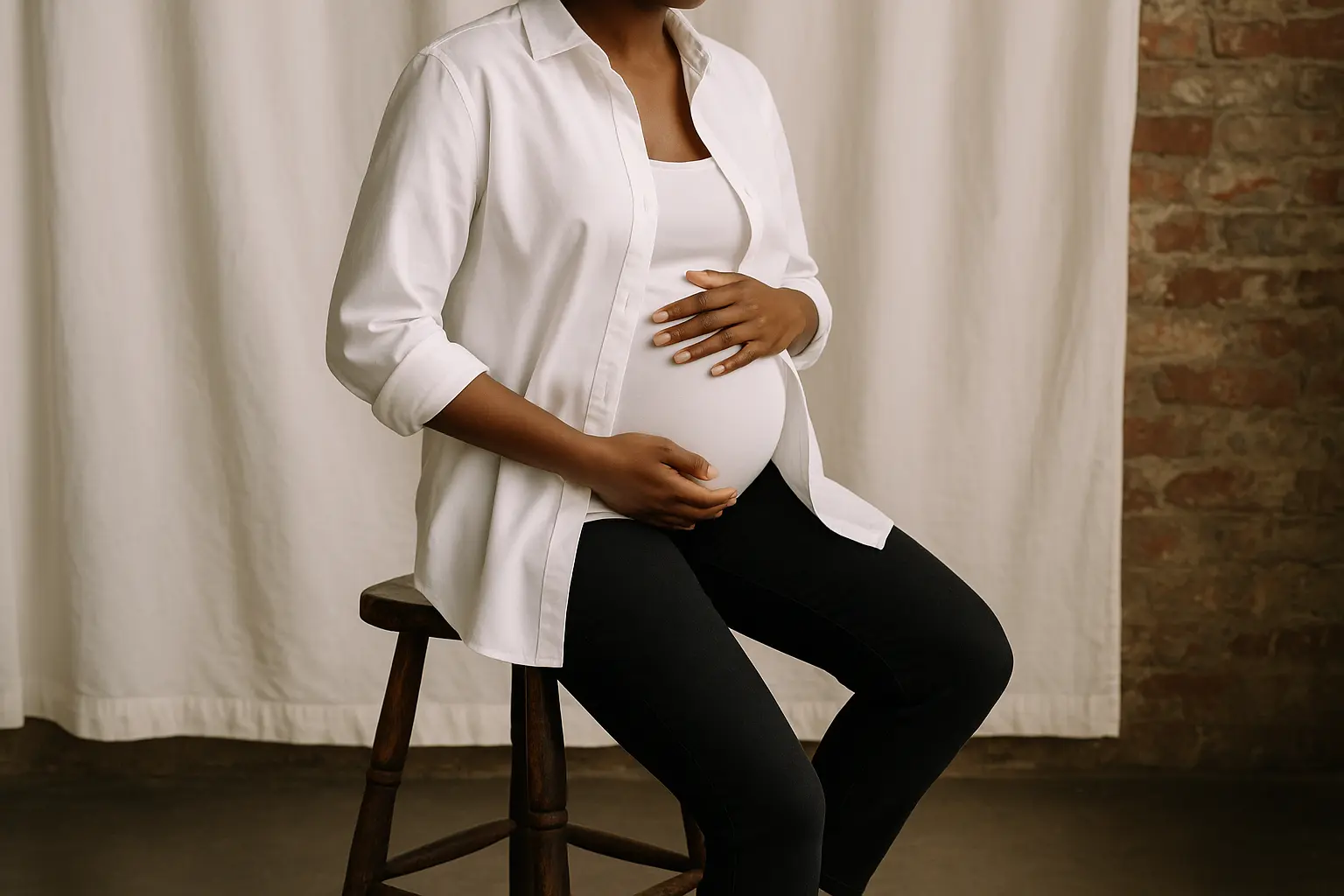 Pregnant woman in white shirt sitting on a wooden stool holding her belly, symbolising healthy pregnancy and iron support.