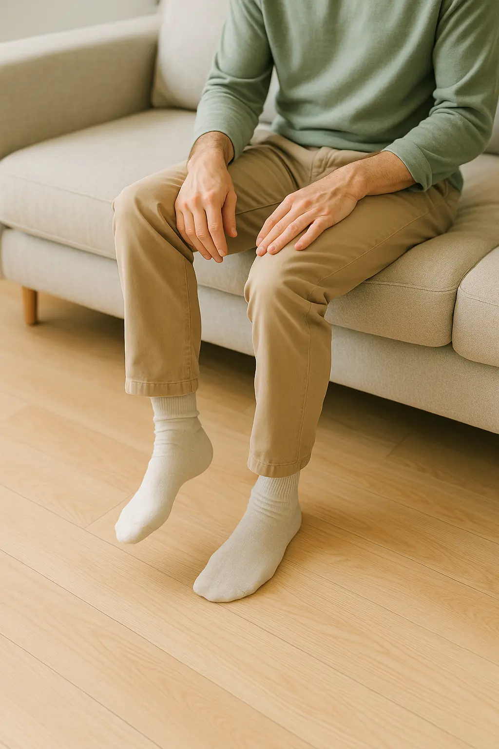 man sitting on sofa with feet hovering slightly off the floor, representing restless legs and other subtle symptoms of iron deficiency