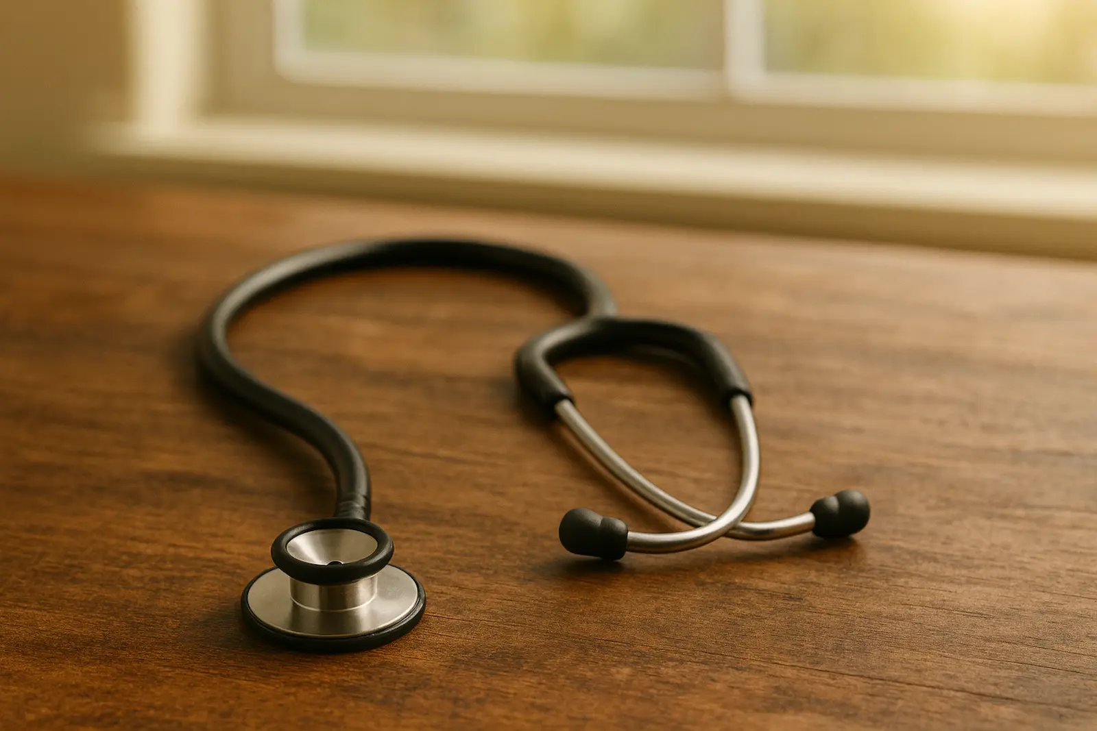 Stethoscope on wooden desk symbolising professional, doctor-led iron infusion care