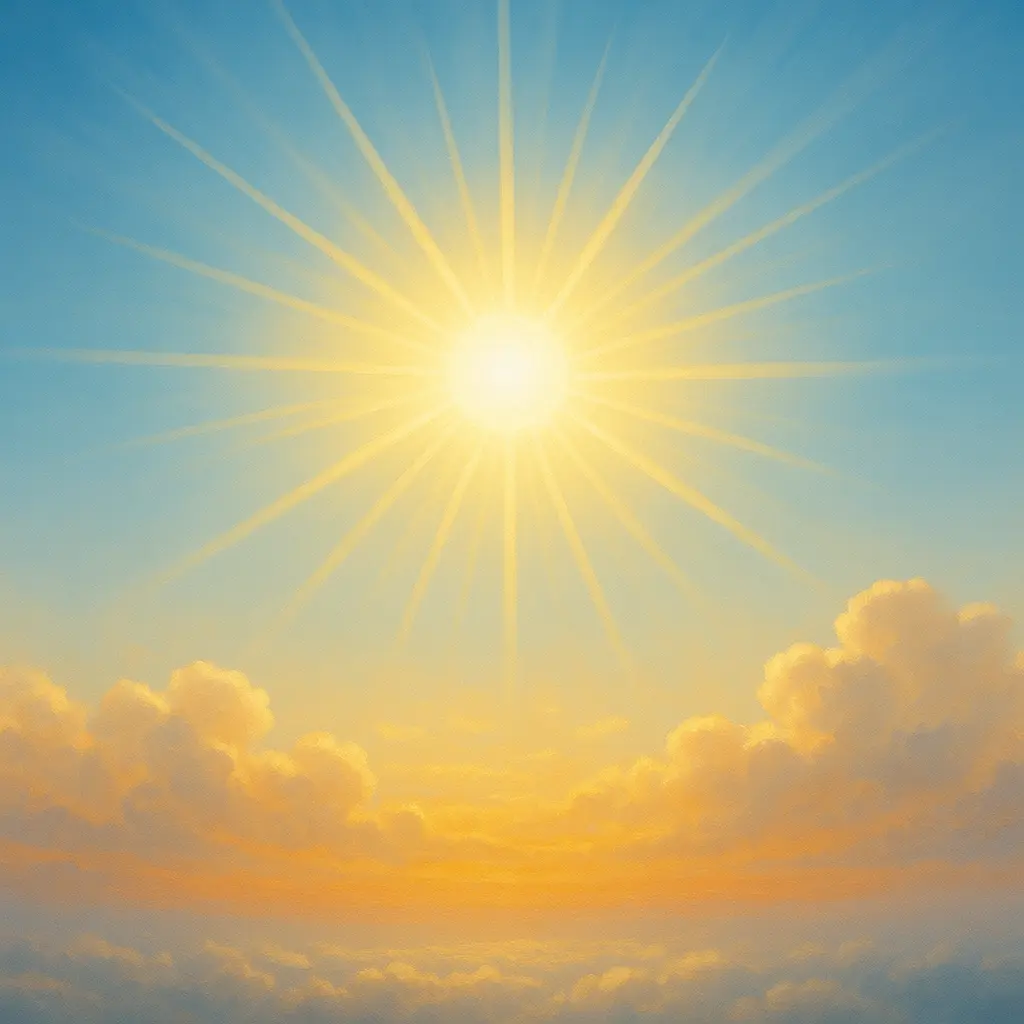 Sunlight shining through soft clouds in a bright blue and golden sky, symbolising energy, vitality, and strength during pregnancy.