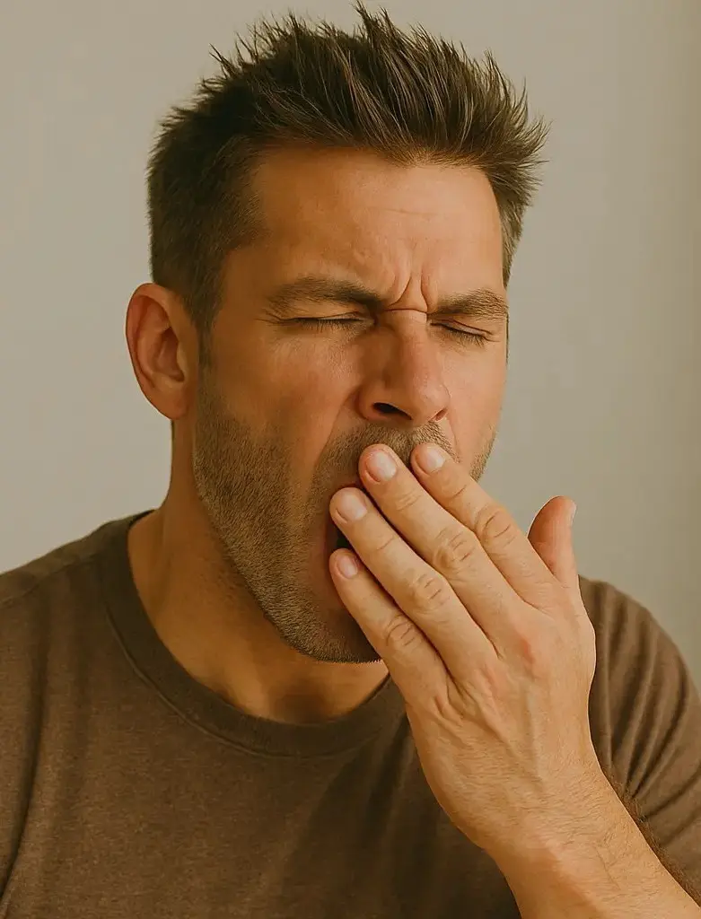 man yawning and looking tired, representing fatigue and low energy caused by iron deficiency